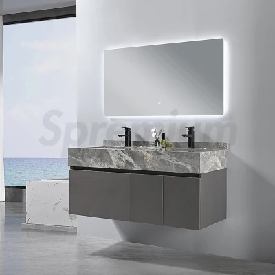 Miroir mural de couleur grise, nouveau Design moderne, meuble de salle de bains, meuble MDF avec plaque de roche, lavabo et dessus en marbre personnalisé